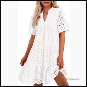 Cotton Hollow Out Lace V-Neck Mini Dress for Beach Vacation